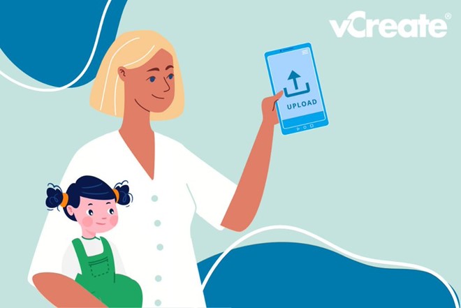 illustration of a woman with small child, using the vCreate smartphone app