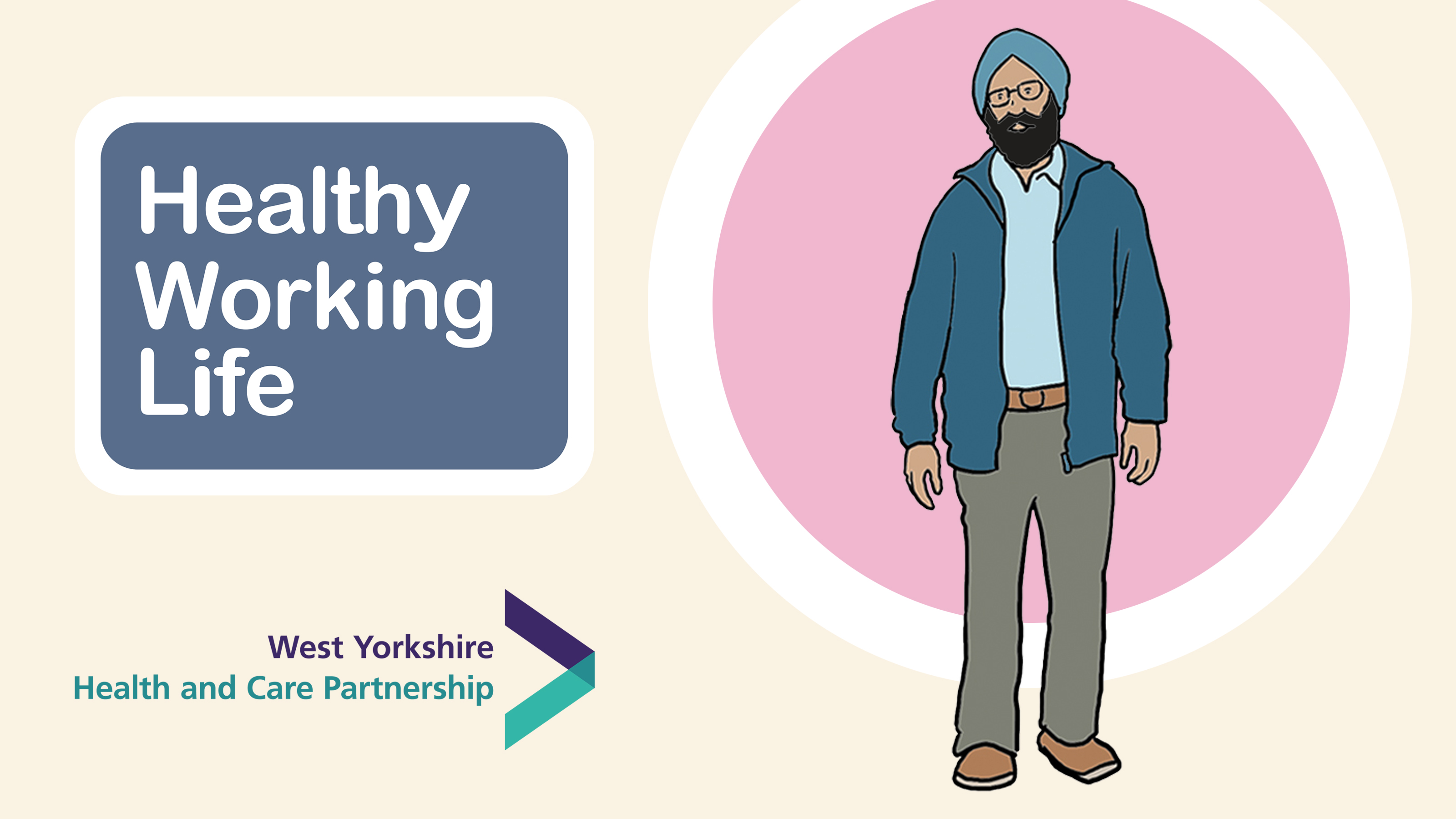 Healthy Working Life illustration of man wearing  blue top and brown trousers