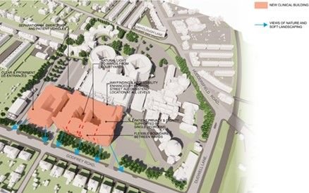 Illustrated plan of Calderdale Royal Hospital showing new building (from above)