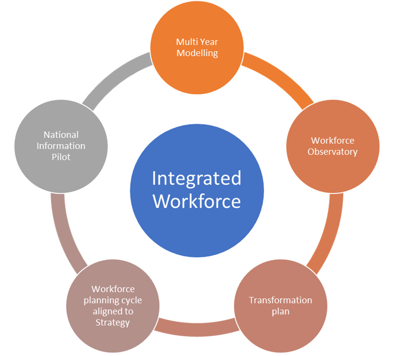 Integrated workforce diagram, with 'integrated workforce' in the middle and Multi year modelling, Workforce observatory, Transformation plan,  Workforce planning cycle and National information pilot in circles around the perimeter
