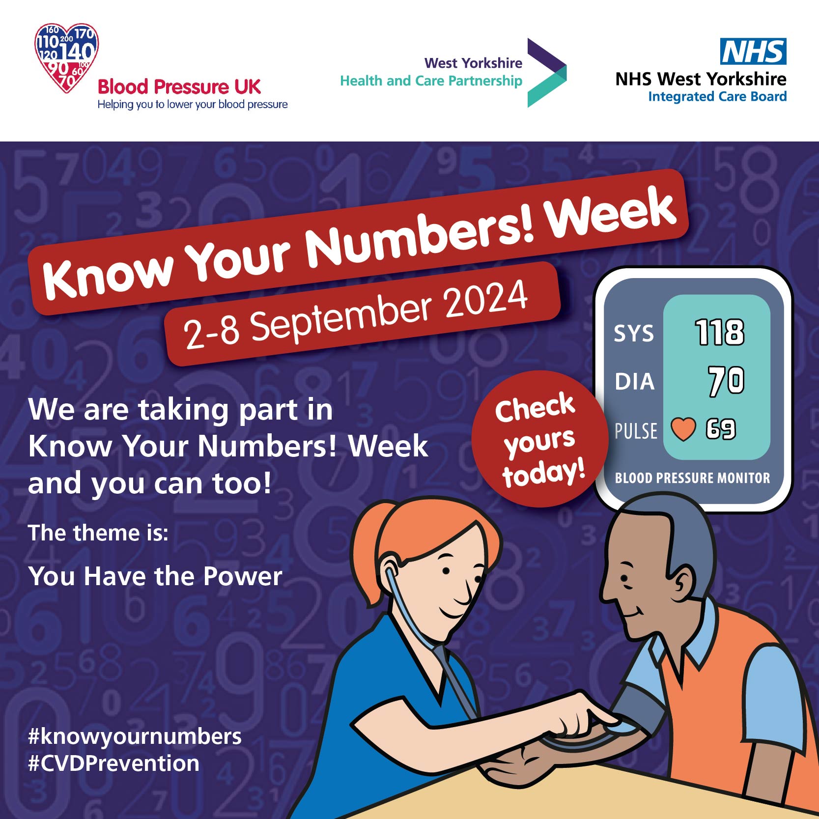 Graphic of a female health care professional taking the blood pressure of a patient, with a blood pressure machine reading.  West Yorkshire Health and Care Partnership, Blood Pressure UK and NHS ICB logo’s also included.   