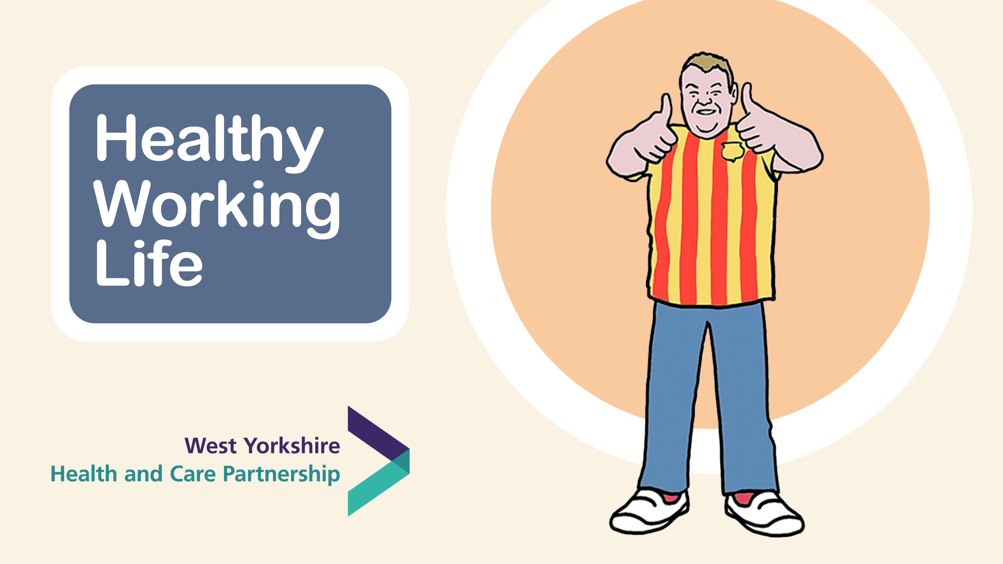 Hwalthy Working Life branding showing an illustration of a person holding their thumbs up