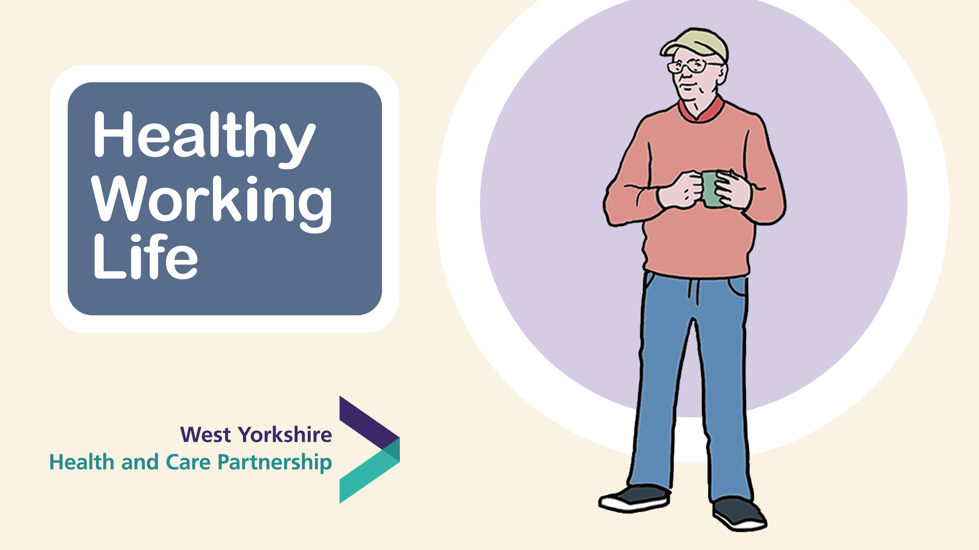 Healthy Working Life graphic showing a man stood up holding a brew