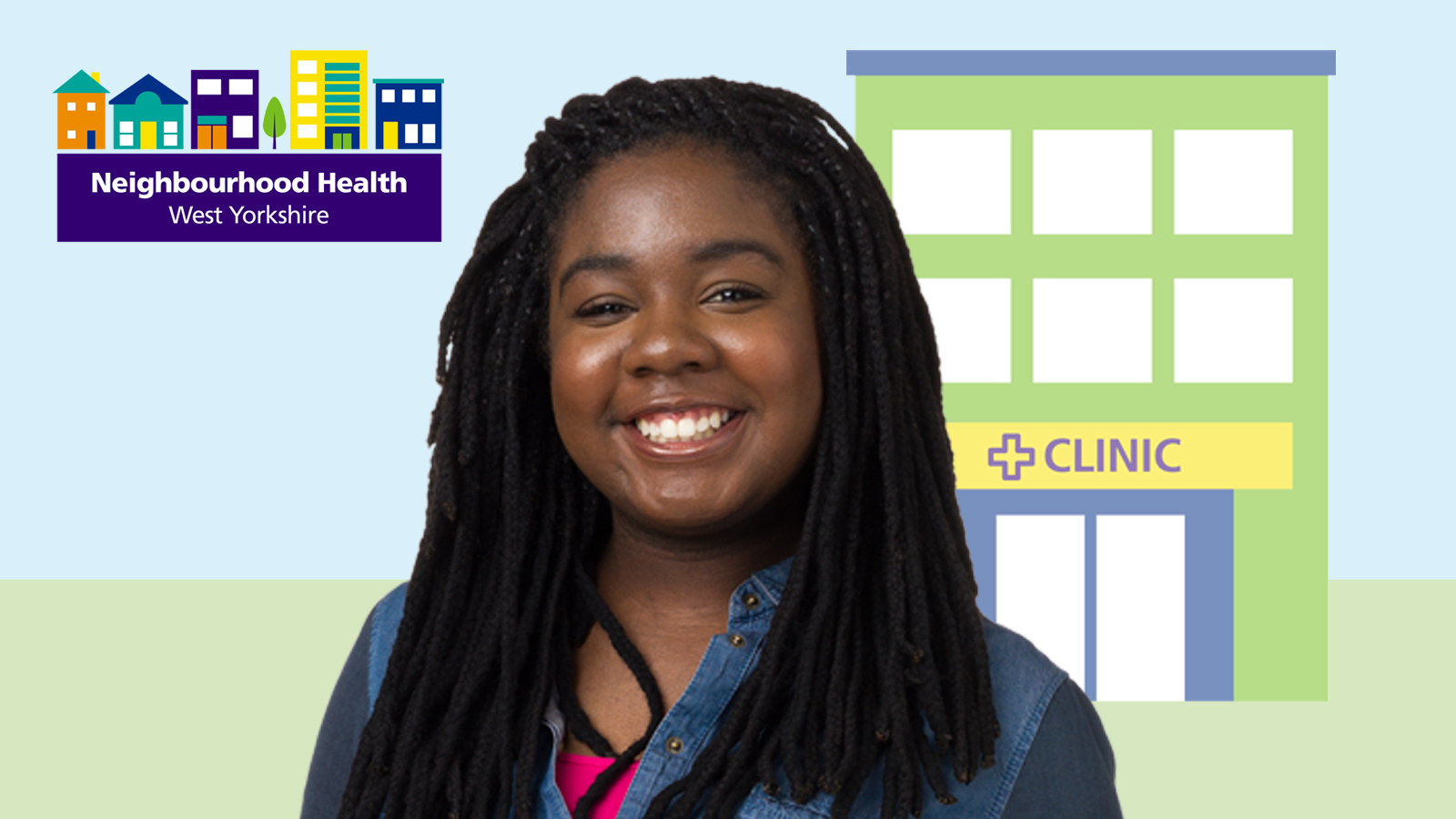 Neighbourhood health woman in front of an illustrated clinical setting