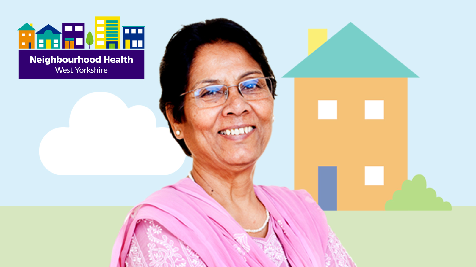 Neighbourhood Health woman in front of illustrated house