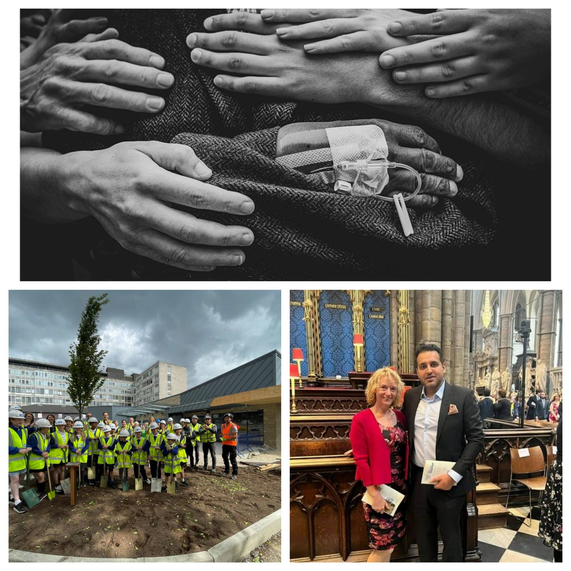 Collage of three photos. 1-black and white image of many hands laid on a patient's chest. 2. children and staff standing by a tree they planted outside the new A&E in Huddersfield. 3. A man and a woman standing inside Westminster Abbey