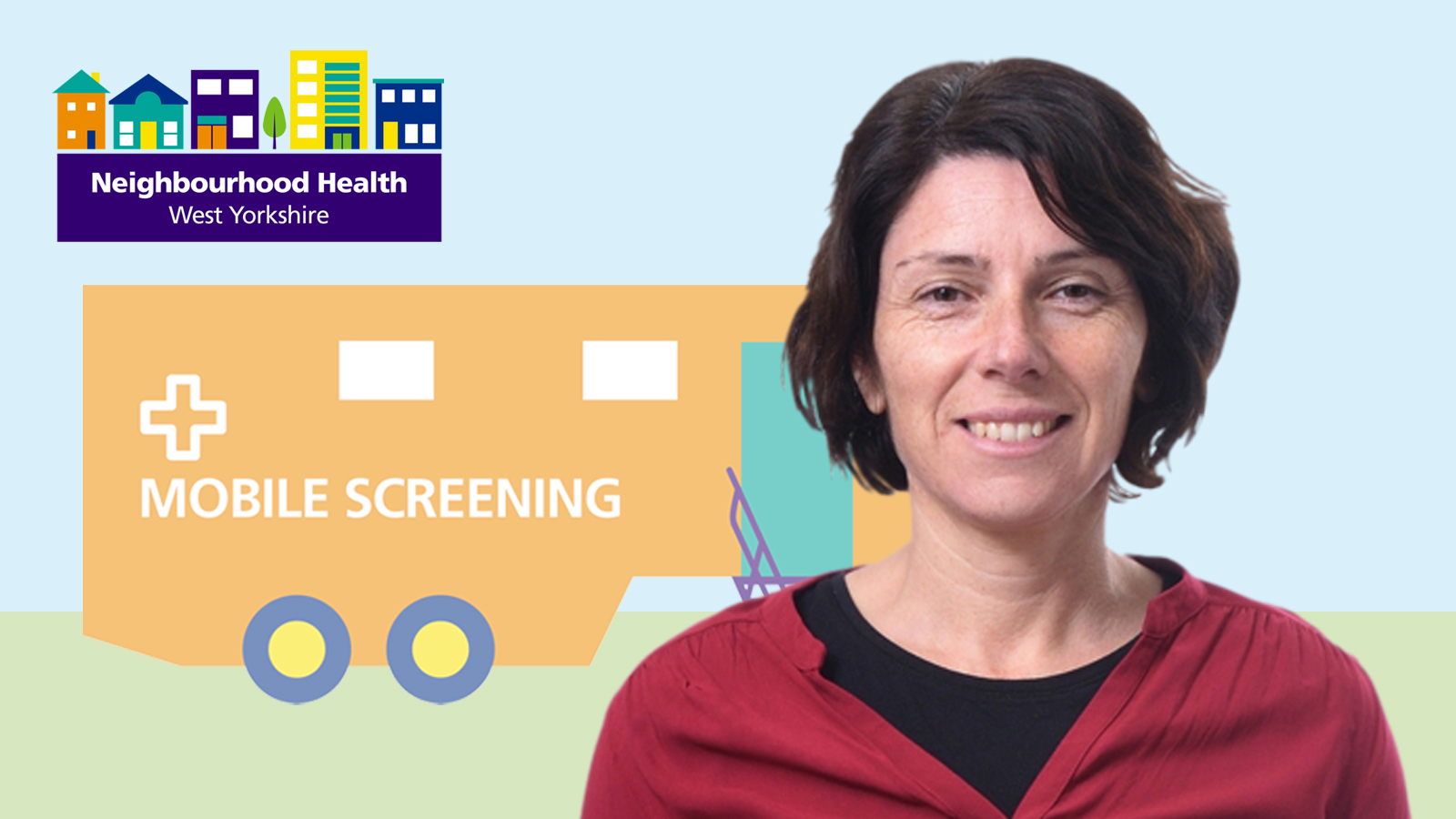 Neighbourhood health - woman stood in front of an illustrated mobile screening vehicle