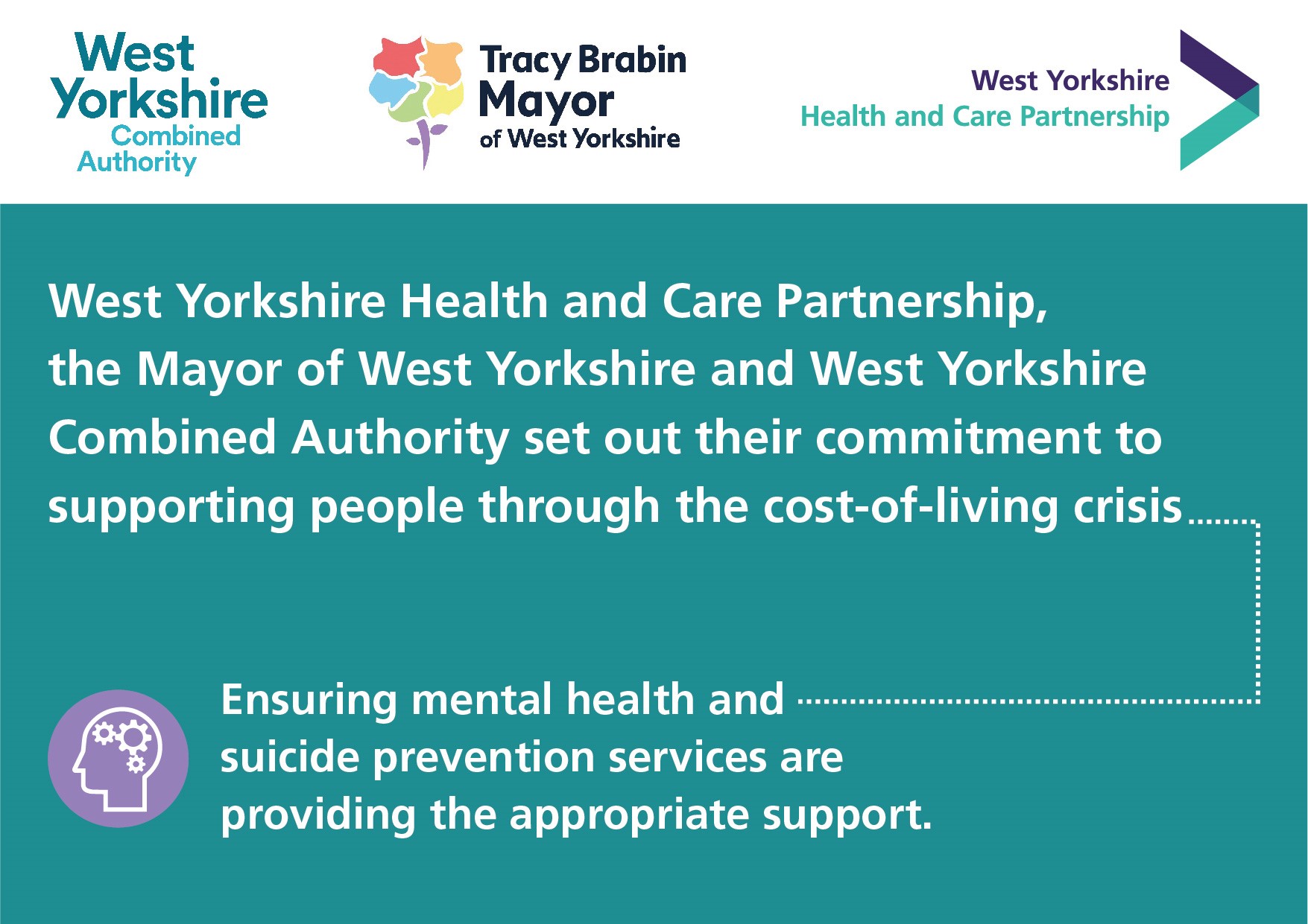 West Yorkshire Health and Care Partnership, the Mayor of West Yorkshire and West Yorkshire Combined Authority set out their commitment to support people through the cost-of-living crisis. Ensuring mental health and suicide prevention services are providing the appropriate support.